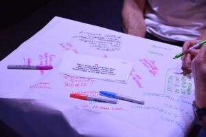 Participanten van een worldcafe en hun op de tafel geschreven antwoorden op de hoofdvraag