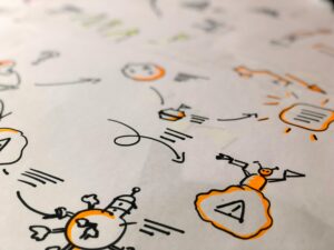 Oranje en zwarte getekende animaties op een witte ondergrond