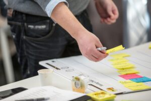 Een teamlid dat aan het implementatieplan werkt middels stickynotes en bijschriften